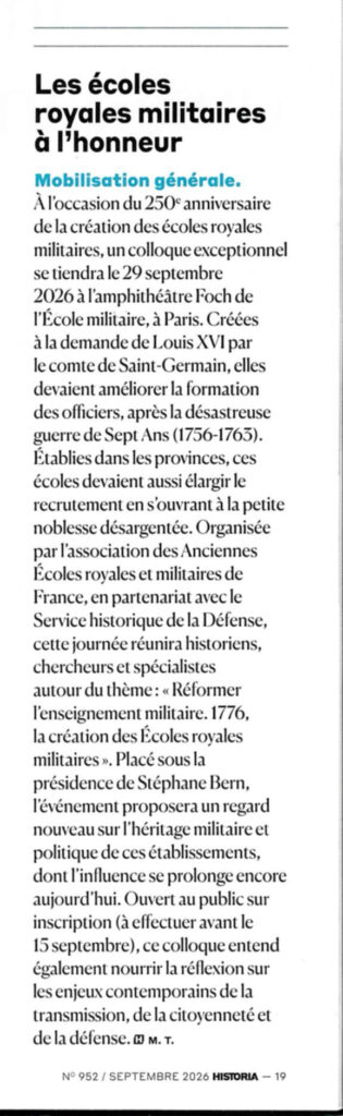 Annonce du colloque Réformer l'enseignement militaire - 1776 La création des écoles royales militaires - Historia n°952 - Septembre 2026