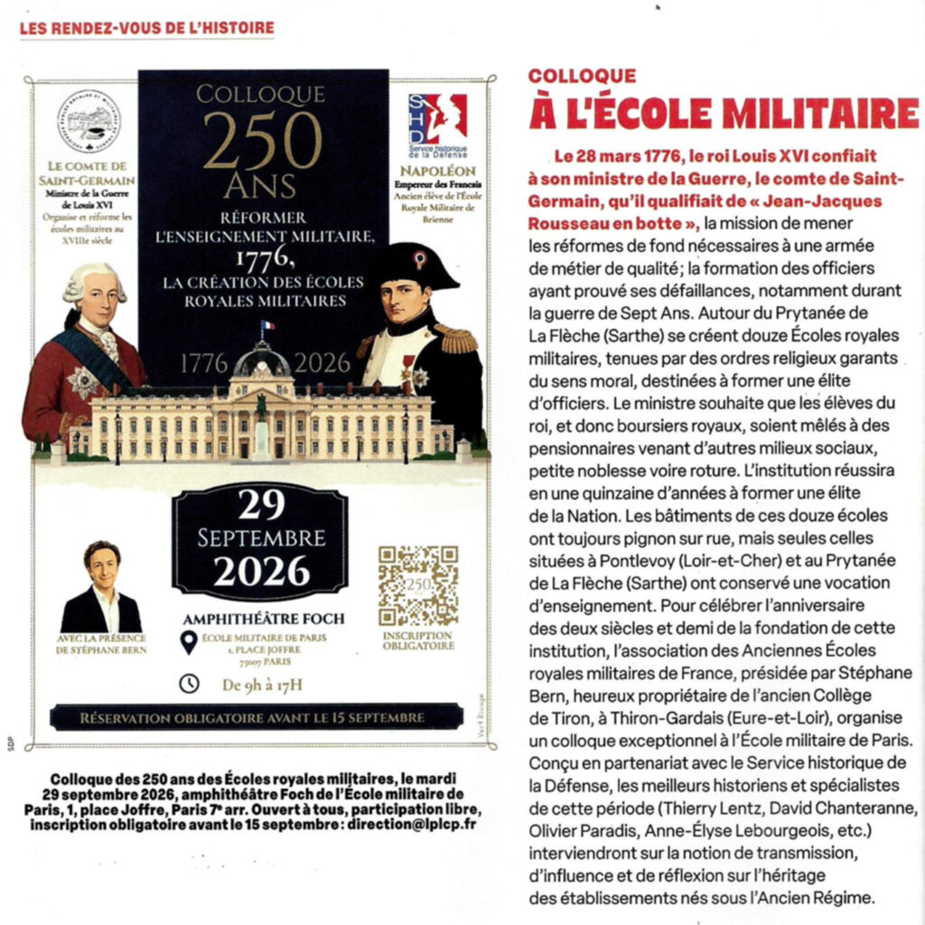 Annonce du colloque Réformer l'enseignement militaire - 1776 La création des écoles royales militaires - Secrets d'Histoire n°51 - septembre octobre novembre 2026